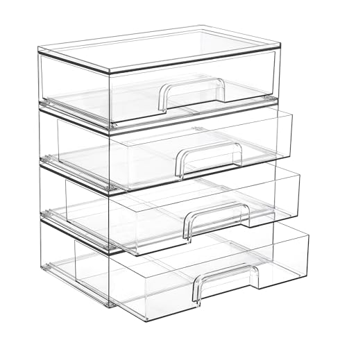 Vtopmart Clear Stackable Storage Drawers, 4 Pack Wide Plastic Organizers | Clear Pull-Out Plastic Drawers, Stackable Design for Makeup Palettes, Cosmetics, Beauty Supplies, Vanity, Cabinet and Desk - style: 4pack Wide