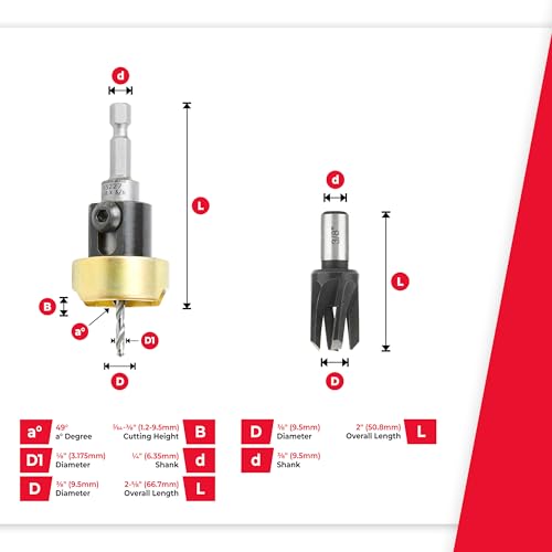 Amana Tool Woodworking Countersink Set, AMS-307, 2-Piece | Carbide Tipped with Adjustable Depth Stop and No-Thrust, No Marring Ball Bearing, with Plug Cutter Pack - style: AMS-307, 2-Pc