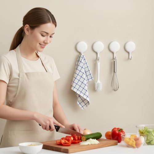 4Pcs Self Adhesive Hooks, No Drill Wall Hooks for Hanging Towel Coat Keys - Damage Free Removable Sticky Hooks for Bathroom Kitchen Office Home Organization, White