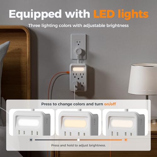 TESSAN Multi Plug Wall Outlet, 6 AC Outlet Extender with 3 USB Ports (2A1C) and Night Light, 3-Sided Multiple Wall Plug Expander，Charging Station for Cruise Travel, Home Office, Dorm Room Essentials
