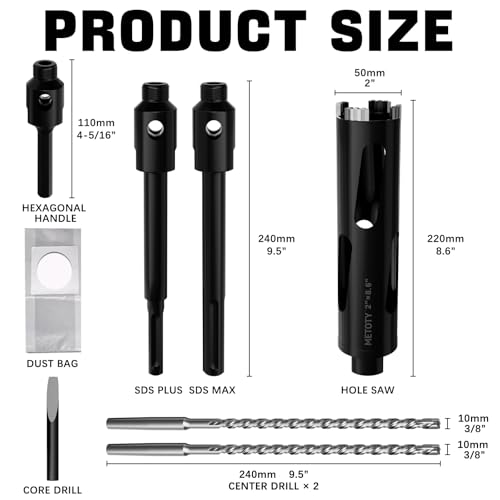 Diamond Core Drill Bit 2"(50mm) with Pilot Bit & Adapters (SDS Plus & Hex) – Upgraded Welded Segments, 8.6" Depth – for Concrete, Solid Brick, Hollow Brick, Masonry & More - size: (2"/50mm)