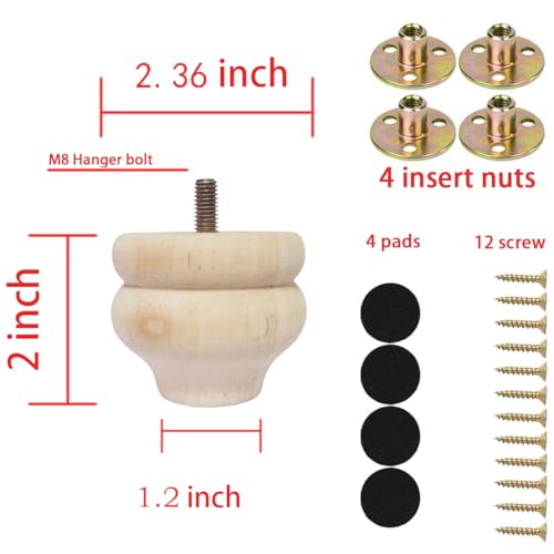 2 Inch Wooden Furniture Legs, Solid Wood Unpainted Replacement Furniture Legs, Cabinet Legs/Desk/Sofa/Bookcase Bun Feet, DIY Wooden Round Legs with Mounting Plate & Screws Set of 4 - size: 2 Inch B