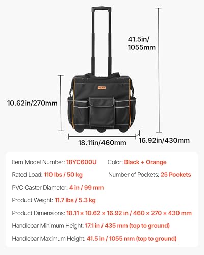 VEVOR 18" Rolling Tool Bag, 110lbs Load Capacity, 25Pockets Heavy Duty Roller Tool Bag w/Adjustable Telescoping Handle & Stable Base, Toolbag Organizers with Wheels for Electrician, Construction - style: Tool Bag