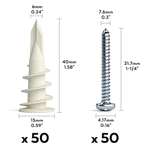 INCLY 100 PCS #8 Drywall Anchors Kit Self Drilling, 50 Plastic Dry Wall Anchors and 50 Philips Screws Assortment for Hanging and Mounting with Case, Self Drilling Sheetrock Anchors