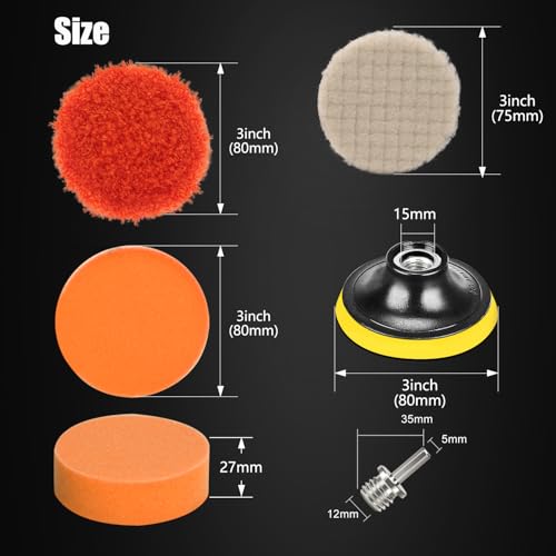 Drill Polishing Kit for Car, 3''(80mm) 32Pcs Car Foam Buffing Pads, Wool Pads Drill Buffing Pad, Wax Buffer Polisher Attachment with 5/8-11 Thread Backing pad & Adapters - color: 3 inch 32PCs