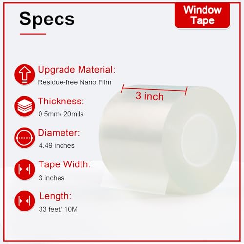 Transparent Window Weather Sealing Tape 3 Inch x 33 FT Weather Stripping Residue-Free Clear Window Insulation Caulk Tape for Shower Glass Gaps and Clear Doors Windows Windproof - size: 3 IN - 33 Ft Clear