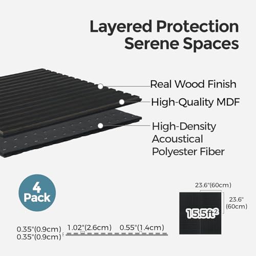 AKUMAX 4-Pack Wood Slat Acoustic Wall Panels, 23.6 x 23.6 in 3D Sound-Absorbing Panels for Walls & Ceilings, Fire-Retardant, FSC-Certified Materials, 15.5 Sq Ft, Black Oak - color: Black Oak