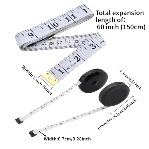 2 Pack Soft Tape Measure Retractable Measuring 60"/150cm Double Scales - color: Black White-2pcs