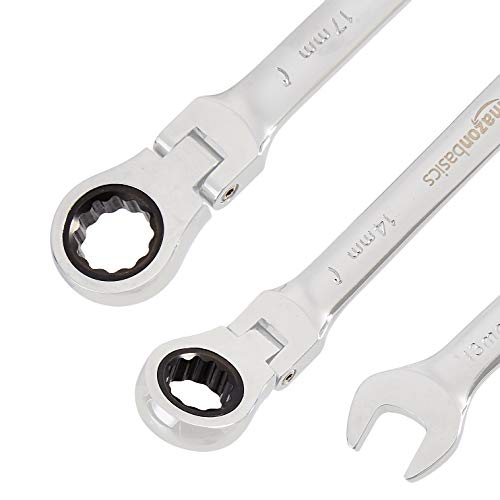 Amazon Basics 72-Tooth Ratcheting Combination Wrench Set, Chrome Vanadium Steel Flex Head, 5-Piece Metric, 180° Flexible - style: Metric