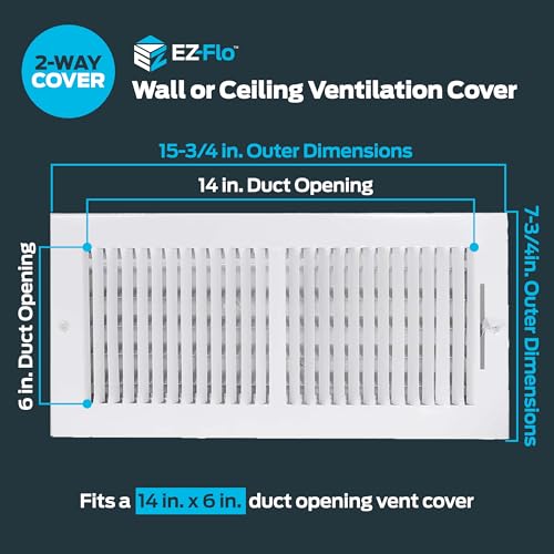 EZ-FLO 14 x 6 Inch (Duct Opening) Air Vent Cover for Wall or Ceiling, Two-Way Ventilation Register, Solid Steel HVAC Register Cover, White, 61613 - size: 14 in. x 6 in.