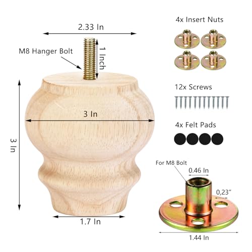 Maricome 3 Inch Unfinhsed Bun Feet Predrilled M8 Bolt Replacement Legs Couch Ottoman Sofa Wood Furniture Legs Set of 4 Screw in - color: 3 Inch Unfinished
