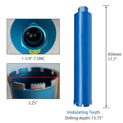 2 1/4" Core Drill Bits with 1-1/4"-7 Thread Featuring 15.74" Drilling Depth 10mm Diamond Segment Specifically Designed for Heavy-Duty Applications in Reinforced Concrete Brick and Masonry - size: 2 1/4 Inch | 57mm