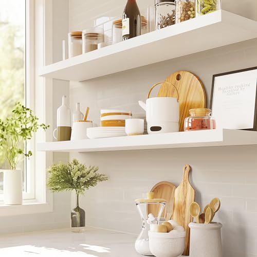 AMADA HOMEFURNISHING Floating Shelves Wall Mounted, 32 x 7 Inch Wall Shelves for Bathroom, Bedroom, Living Room, White Shelves Set of 2 | Wall Shelves with Hidden Bracket, Solid MDF Wood, 22 lbs Max Load per Shelf, Easy to Assemble, Multi-Wall Compatible