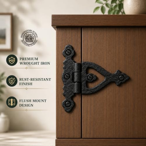 Renovators Supply Manufacturing Cabinet Door Strap Hinge with Hardware 3 in. Black Rust Resistant Wrought Iron Flush Mount Hinge for Cabinets - size: Pack of 1