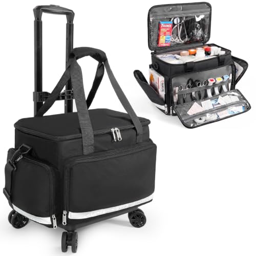 Medical Bag Rolling Roller Bag Trolley Duffel Nurses EMT CNA RN Empty for First Aid Responder Home Health Care Nursing Student Roll Duffle Bag Carry on Wheels Wheeled Work Physicians Doctor - color: Black