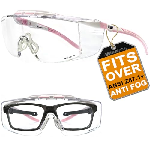 HTS HUNTERSKY ANSI Z87.1+ Anti Fog Fit Over Eyeglasses Safety Glasses Up to 1.88 inch 99.9% UV Protection OTG Lab Goggles - color: 3906c White-pink / Clear Lens