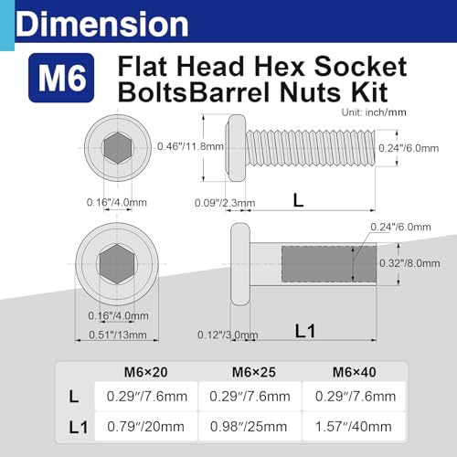 30 Sets M6 Barrel Nuts and Bolts Assortment, 20mm 25mm 40mm - size: 30 Sets M6 3 Size Kit