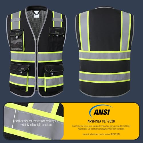 JKSafety Safety Vest for Men Women Hi Vis with Pockets and Cushioned Collar Construction Vest Meet ANSI Standard (BX360) - color: Black, size: XX-Large