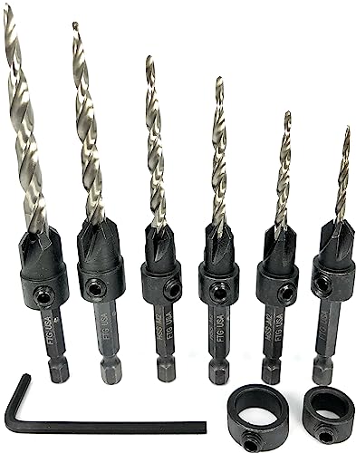 FTG USA 6 Pc Wood Countersink Set #4#6#8#10#12#14 w/ 2 Depth Stop Collars - size: #4#6#8#10#12#14, style: with Depth Stop