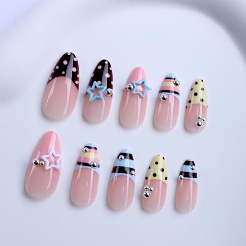 Medium Almond Press On Nails with French Tip Y2K Star Polka Dot Stripe - color: Style17