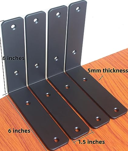 4 Pack - L 6" x H 6" x W1.5, 5mm Thick Black L Shelf Bracket, Iron Shelf Brackets, Metal Shelf Brackets, Floating Shelf, Shelf Supports with Screws - size: 6''x6'', style: Black 4 Pack
