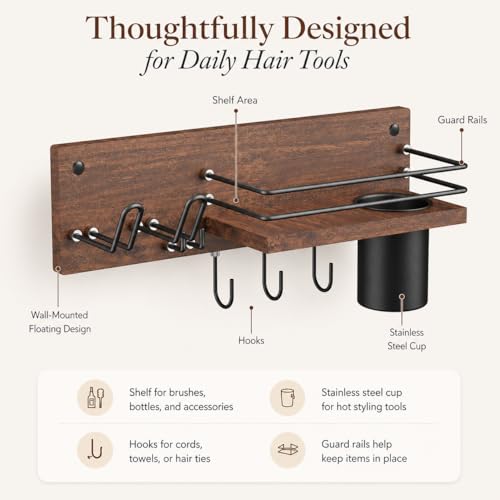 RoleDes Wooden Hair Dryer Holder Wall Mounted, Bathroom Hair Tool Organizer, Blow Dryer Holder Shelf, Curling Iron and Hair Styling Tools Organizer