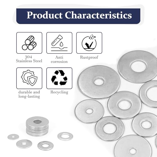 ZQZ 180Pcs Stainless Steel Flat Washers Assortment Kit;Fender Washer M3-M12 - size: 12 Sizes 108 Pieces