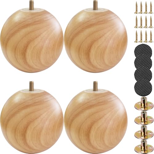 Solid Wood Sofa Replacment Parts 4 Inch Round Ball Shape Furniture Legs for Sofa Couch Ottoman Loveseat Cabinet Legs Furniture Feet Set of 4 (Natural) - color: Natural