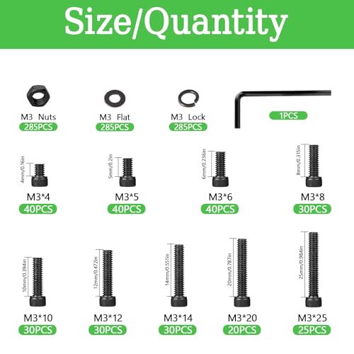 1140PCS M3 Screws Assortment Kit, M3x5/6/8/10/12/14/20/25 mm Hex Socket Head Bolts, Nuts & Washers Assorted Set - 12.9 Alloy Steel Black Zinc Plated M3 Screw for 3D Printer,DIY - size: M3 x 5/6/8/10/12/14/20/25-1140Pcs