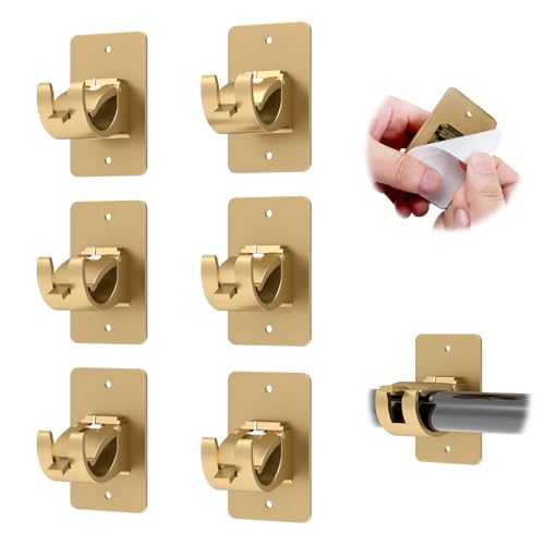 CIEMGNZOC 6PCS No Drill Curtain Rod Brackets, Self-Adhesive Curtain Rods No Drilling, Nail Free Adjustable Curtain Rod Holders, Curtain Hooks for Rod Less Than 1.57 Inch Diameter (Gold) - color: 6 Pcs Gold