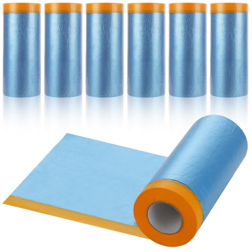 ASelected 6 Roll Pre-Taped Masking Film, 43' x 65'' Painters Plastic Roll with Painters Tape and Plastic sheeting, PE Masking Film for Walls, Cars, Carpets
