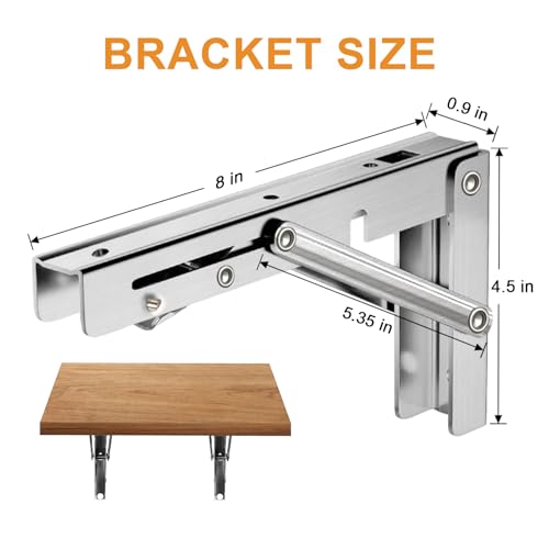 Storystore Folding Shelf Brackets - 8 Inch Heavy Duty Stainless Steel Collapsible Shelf Bracket for Bench Table, Space Saving DIY Bracket, Max Load: 550lb - size: 8 Inch