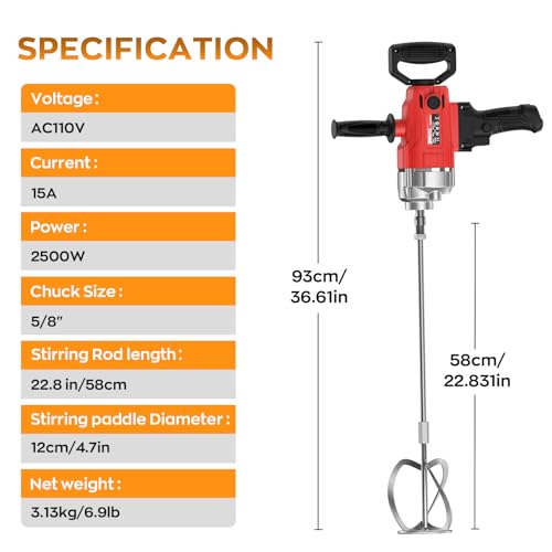 IMAYCC Concrete Mixer 2500W 15A, Cement Mixer With Variable Speed Control, 5/8" Heavy Duty Drill Set, Drill Mixer for Mud,Motar,Paint, Grout, Plaster, Thinset - color: Red Black