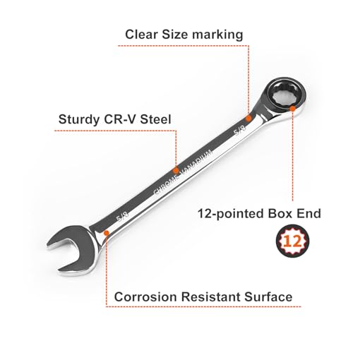 Egofine 5/8 inch Ratcheting Combination Wrench SAE, Industrial Grade Gear Spanner with 12-Point Design, 72-Tooth Ratchet, Chrome Vanadium Steel - size: 5/8"