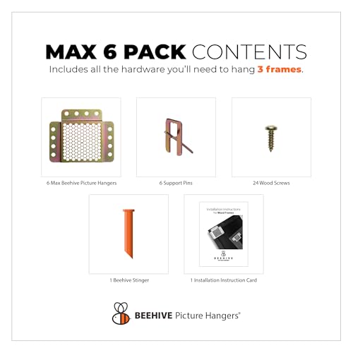 Beehive Picture Hangers | 38 Pcs Picture Hanging Hardware Kit | Fully Adjustable | for Wood Frames and Canvases on Drywall | 35 lb Capacity | Hangs 3 Frames - size: 6 Pack (Max), style: For hanging wood frames, canvases and artwork in homes, offices, art