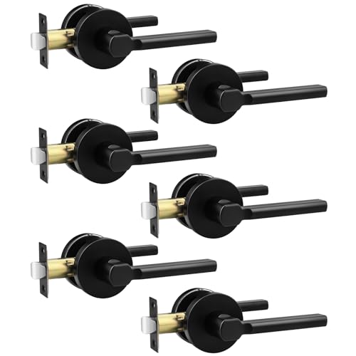 6 Pack Black Passage Door Handle,Round Interior Door Lever for Hallway and Closet,Keyless Non-Locking Door Lock,Left and Right Hand Reversible - color: Black, size: Passage