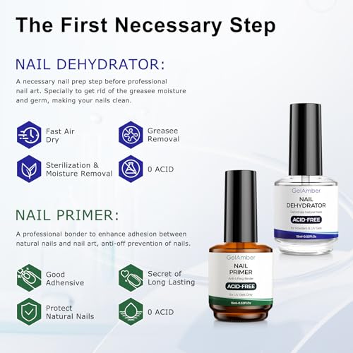 GELAMBER Nail Primer and Dehydrator with Gel Base and Top Coat & Nail File - color: 4Pcs B&T&P&D