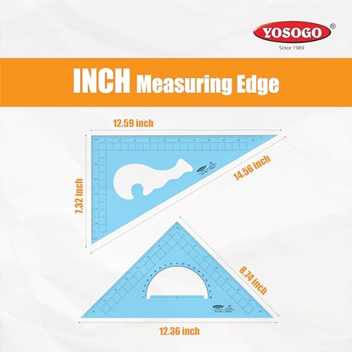Pack of 2 Large Transparent Triangle Ruler Set Square: 12 Inch- 30/60 Degree & 9 inch 45/90 Degree | Essential for School and Work use (Inch Scale)
