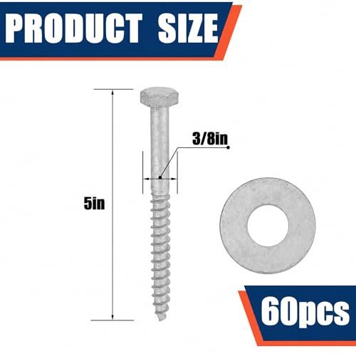 Tandefio 60 Pack 3/8'' X 5'' Lag Screw Bolts with Washer Galvanized - size: 3/8'' X 5''