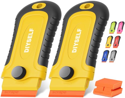 DIYSELF 2 Pcs Plastic Razor Blade Scraper with 10 Blades, Plastic Scraper - color: Yellow-plastic Blades, size: 2 Pack