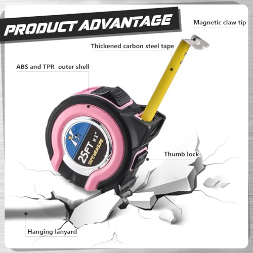 Youyole 10 Pack Tape Measure with Fractions 1/8 Steel Measuring Tape Retractable Easy Read Measurement Ruler Steel Power Blade (25 ft X 1 in,Pink) - color: Pink