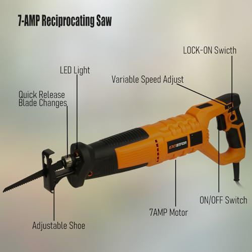 7Amp Reciprocating Saw, 360° Handle 6 Variable Speed 5 Saw Blades