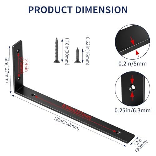LSK 6PCS Shelf Bracket, L 12"×H 5", 5mm Thick Heavy Duty L Bracket, Black - color: Black, size: 12x5 inch (heavy duty)