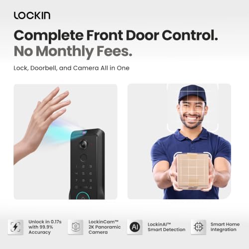 Lockin Veno Pro Smart Deadbolt Lock with Dual Swappable Batteries for 6-Month Extended Power, Palm Vein & Fingerprint Keyless Entry, Built-in Wi-Fi, Doorbell, App Remote Control, IP65 Waterproof - size: Dual Batteries, style: Palm Vein+32G Local Storage
