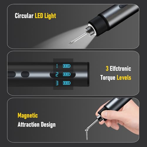 Electric Screwdriver Cordless, Max 7Nm Mini Electric Screwdriver 3-Speed Torque, 5V Power Screwdriver Set with 29 S2 Bits and Magnetic Case for Household Electronics Repair DIY