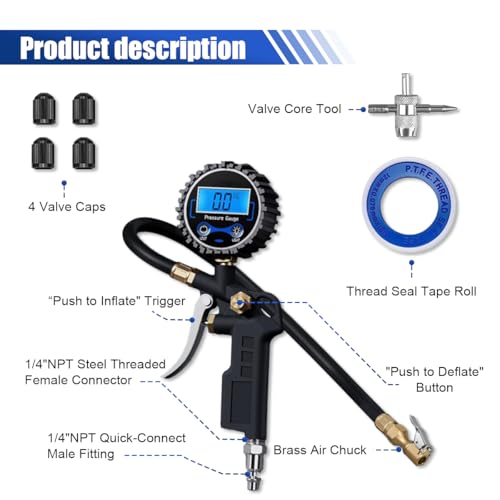 Digital Tire Pressure Gauge with Inflator - 250 PSI Heavy Duty Tire Inflator with Gauge & Quick Connect Coupler - Car Tire Air Chuck and Compressor Accessories - 0.1 Display Resolution (1 Pack)