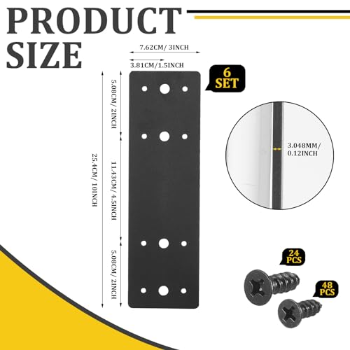 Tandefio 6 Pcs 10" x 3" Straight Steel Flat Plates Black Metal Mending Plate with Hole Fixing Joining Bracket with 72 Pcs Screws for Wood Furniture, Repair House, Pavilion, Truss Framing