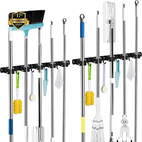 2 Pack Black Broom Holder Wall Mount, 5 Racks 4 Hooks Mop and Broom Holder - color: 5 Racks & 4 Hooks (Black) - 2 Pack