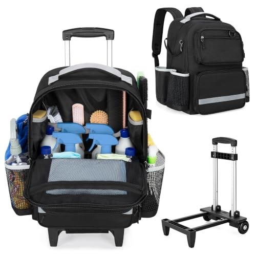 HODRANT Rolling Clean Backpack with Detachable Trolley & Waterproof Bottom | Large Cleaning Supplies Bag with Handle & Support Plate, Cleaner Caddy Organizer for Car Wash & Housekeeping Tool Storage