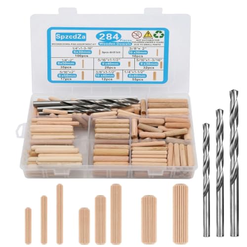 284Pcs 8-Size Wood Dowels Kit with 3 Drill Bits for Woodworking